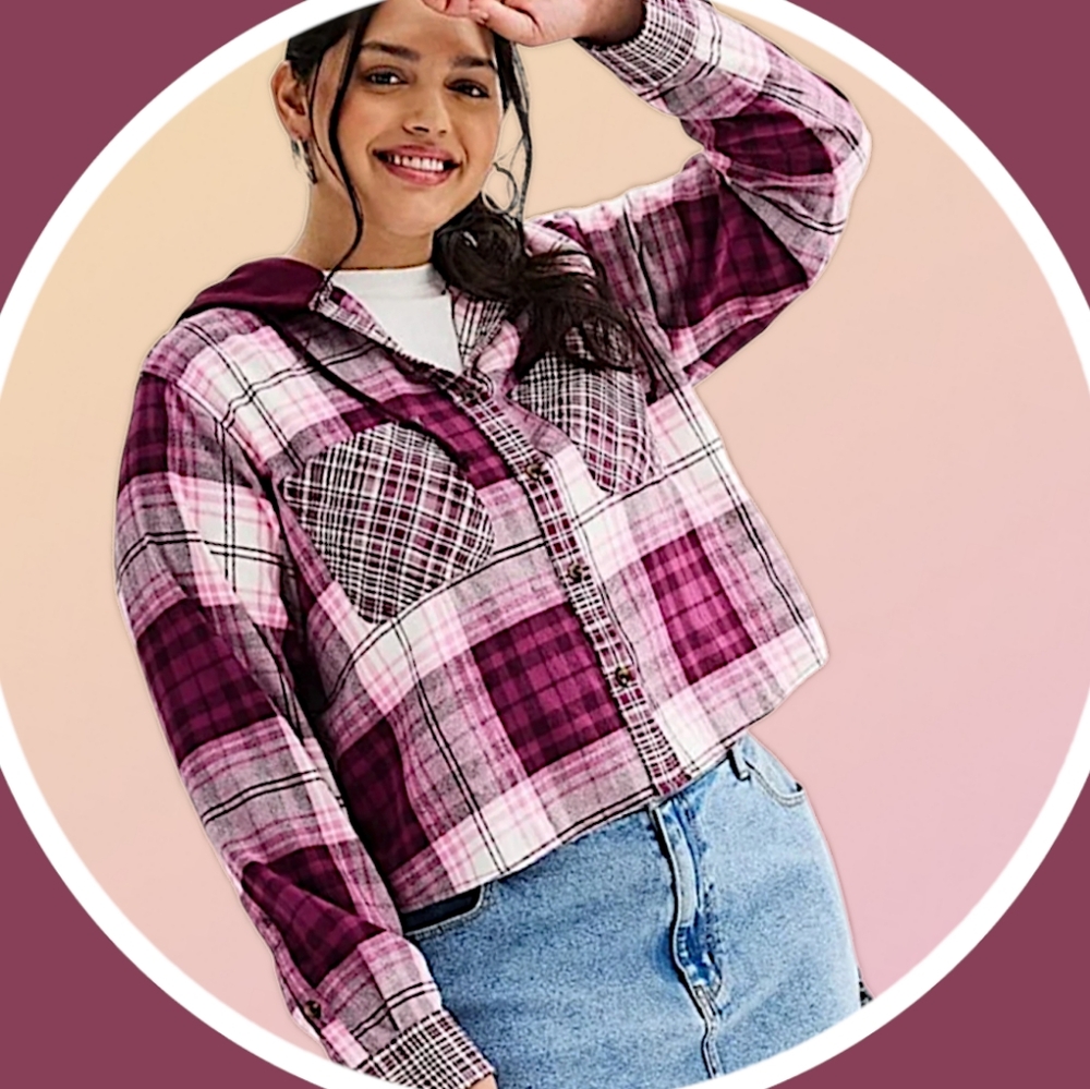 NWT 2XL Cropped Plaid Button Up Hoodie w 2 Pockets & High Low Hemline - Picture 11 of 16